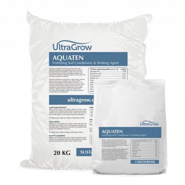 5 kilogram and 20 kilogram bags of Aquaten soil conditioner | Featured image for Aquaten Soil Conditioner & Wetting Agent.