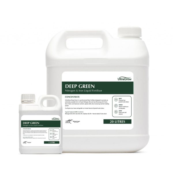 Photo of bottles of UltraGrow Liquid Fertiliser | Featured Image for Deep Green Nitrogen and Iron Liquid Fertiliser Product Page by Centenary Landscaping Supplies.
