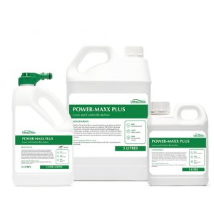 Photo of bottles of Power-Maxx Plus Lawn Fertiliser | Featured Image for Power-Maxx Plus Lawn Revitaliser Product Page by Centenary Landscaping Supplies.