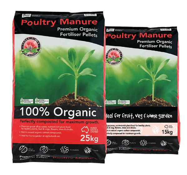 Photo of bags of poultry manure | Featured Image for Poultry Manure Product Page by Centenary Landscape Supplies.