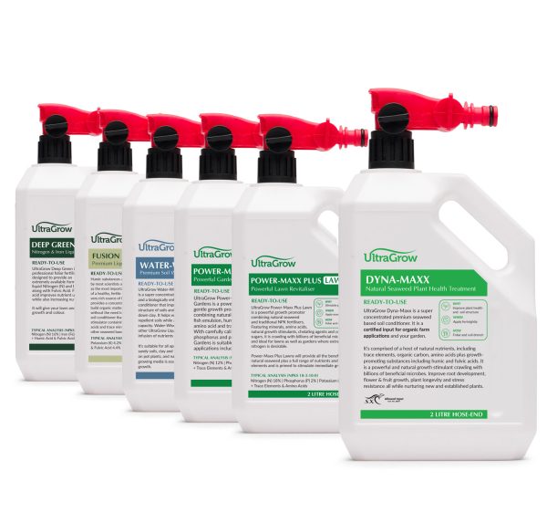 Group photo of UltraGrow liquid fertiliser products | Featured Image for UltraGrow Hose End Sprayers Product Page by Centenary Landscaping Supplies.