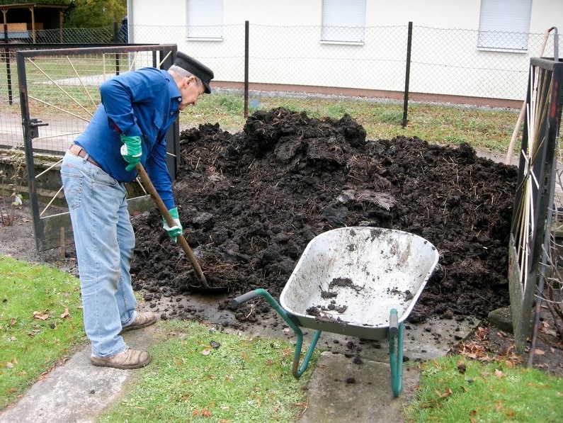 Man shovelling compost from a large pile to a wheelbarrow | Featured image for the Composting at Home blog from Centenary Landscaping Supplies.